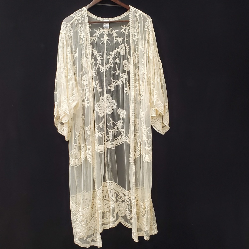 Time And Tru Womens Long Ethereal Boho Fairy Kimono Size XXL-XXXL Cream Sheer